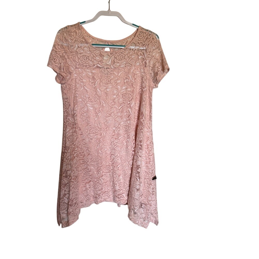 Roz & Ali Petite Lace Overlay Tunic Dress Pink Short‎ Sleeve Flounce Hem Size L